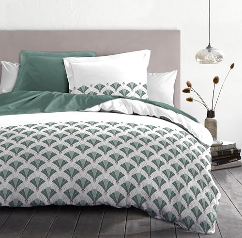 Duvet Cover Set 220 x 240 cm – 3 Pieces – Soft Cotton Percale – Duvet Cover + Pillowcases – White & Green – L'Elegant