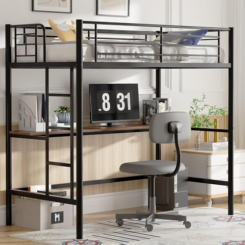 VECELO Loft Bunk Bed with Desk, High Sleeper Bedframe 90×190cm with Removable Ladder and Safety Guardrail, Space-Saving, Noise Free, No Box Spring Needed, Black