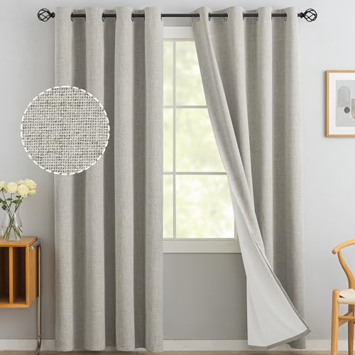 Yakamok Oatmeal Linen Blackout Curtains 96 Inches Long, Room Darkening Textured for Living Room, Thermal Grommet Bedroom 2 Panels With White Liner