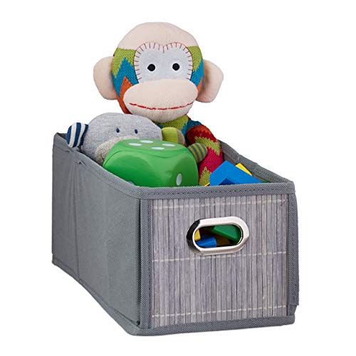 Relaxdays Bamboo Storage Basket, Bathroom Organiser, Rectangular, Narrow Box, HxWxD 14 x 15 x 31 cm, Folding, Grey