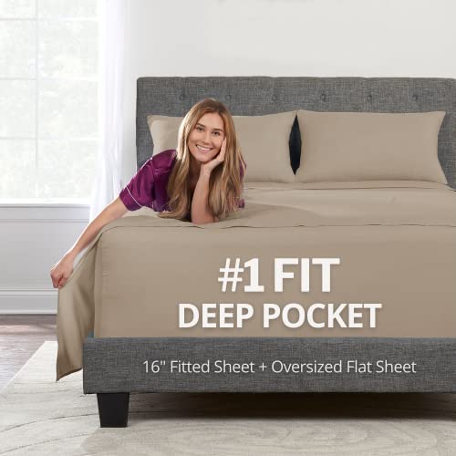 Twin XL Deep Pocket Sheets 3 Piece Set 16' Deep Pockets Fitted & Oversize Flat Sheets 1 Zipper Closure Pillowcase Taupe