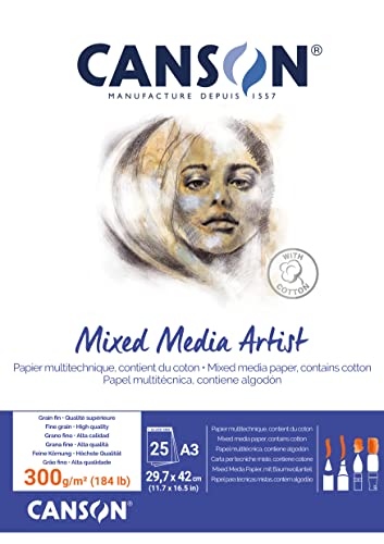 CANSON Mixed Media Artist Pad 300gsm A3 Glued Pad 25 Sheets - For Professional Artists & Students