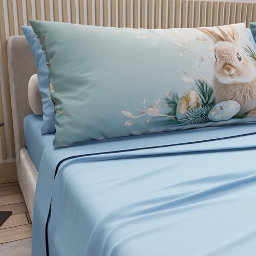 PETTI Artigiani Italiani - Easter Cotton Sheets with Pillowcases in Digital Print, Double Bedsheets, Easter Double Bed Set, 22 Light Blue, Made in Italy