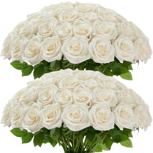 Carlita???s Blooms 50pcs Ivory Roses Artificial Flowers Bulk Fake White Roses Silk Flower with Stems Realistic Flowers for Wedding Centerpiece Party Birthday Decor