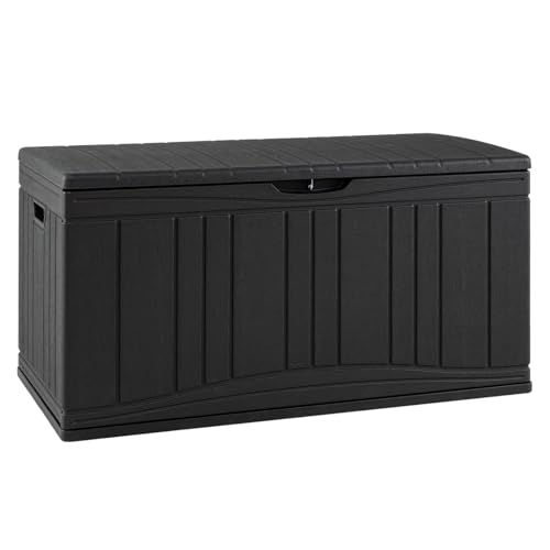 GiantexUK 300L Garden Storage Box, Waterproof Deck Boxes with Lockable Sit-on Lid, Gas Strut & Handles, Wood Effect Outdoor Utility Chest Container for Patio Cushions Garden Tools (Black, 300L)