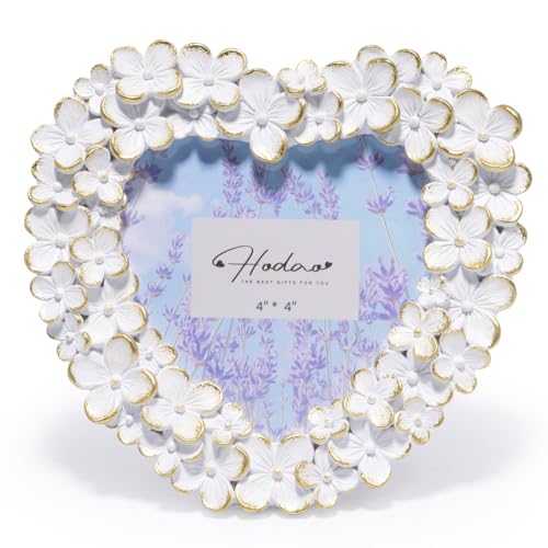Hodao 4x4 Inch 3D Floral Heart Shaped Frame - Hand-Crafted Resin Picture Frame with White & Gold Accents for Wedding, Valentine???s Day & Romantic Home Decor (White Gold-Heart)