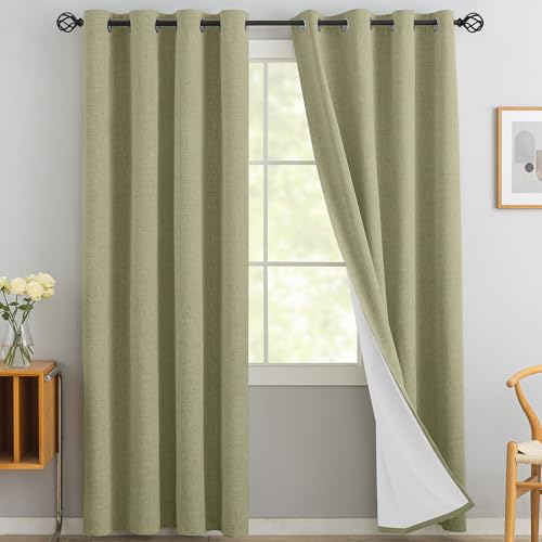 Yakamok Sage Green Linen Curtains 100% Blackout 96 Inches Long, Room Darkening Textured for Living Room, Thermal Grommet Bedroom 2 Panels with Greyish White Liner