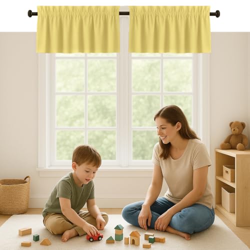 Softopia Cotton Set of 2 Valance Curtains for Windows 54x18 for Living Room Bedroom Kitchen Windows Bathroom, 100% Cotton Farmhouse Vintage Curtain Valances Rod Pocket - Pale Yellow