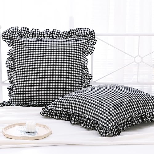 "K MASANIJI 2 Pack Black and White Plaid Gingham Ruffle Euro Shams Pillow Covers, 100% Washed Cotton Decorative Pillowcases for Bed/Sofa - 26""x26"""