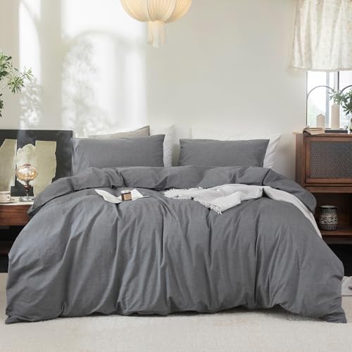 FOSSA Duvet Cover Set 100% Washed Cotton Linen Feel Oversized King Plus - Super Soft Breathable Lightweight & All Season Bedding Set with Hidden Zipper & 8 Corner Ties (Dark Grey)