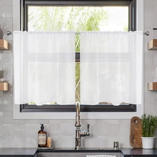 youleyar Solid Sheer Rod Pocket Curtain Voile Draperies 2 Panels White Beige Black Grey Coffee 26 Inch Width 24 Inch Long 1 Pair for Kitchen Bedroom Children Living Room Yard(White,26W???24L)