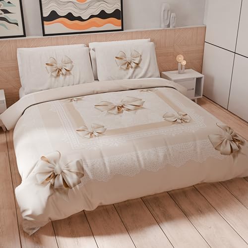 PETTI Artigiani Italiani - Double duvet cover 240 x 220 cm (2 pillowcases 50 x 80 cm included), microfibre bedding set with beige bow print - Made in Italy