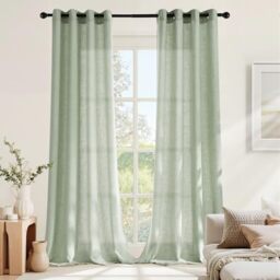 NICETOWN Green Semi-Transparent Curtains, Linen Look, Modern Curtains with Eyelets for Living Room, Set of 2, H 245 x W 140 cm, Grey Green, Linen Curtain, Living Room Eyelet Curtain