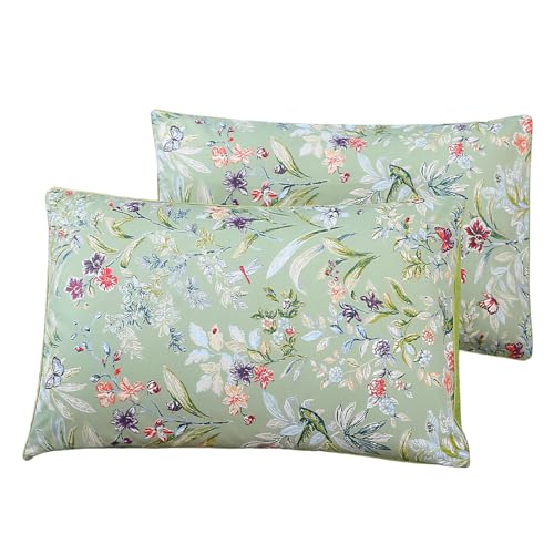 "WINLIFE 100% Cotton Pillowcases King Size Sage Green Garden Floral & Butterflies Printed Pillow Cover 2 Pack, Soft Smooth Cool Envelope Closure Pillow Case Set (King, 20""x36"")"