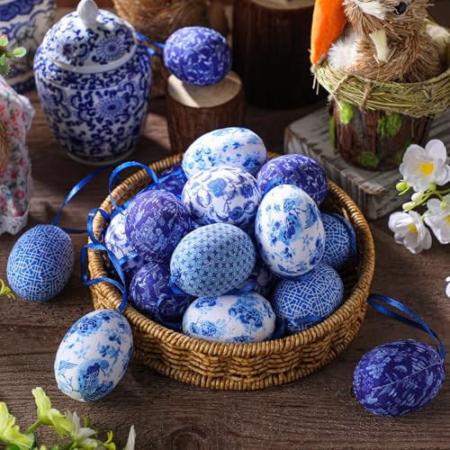 Gemscream 24 Pieces Easter Eggs Hanging Chinoiserie Blue and White Egg Tree Ornament Chinoiserie Decoration Farmhouse Easter Party Basket Filler Outdoor Home Decorations