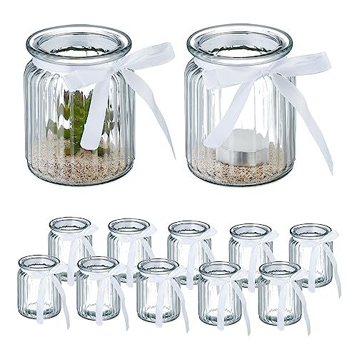 Relaxdays Candle Holders, Set of 12, Glass, Jar with Bow, Tealight Table Decor, 9.5 x 7.5 cm, Indoors & Outdoors, Clear