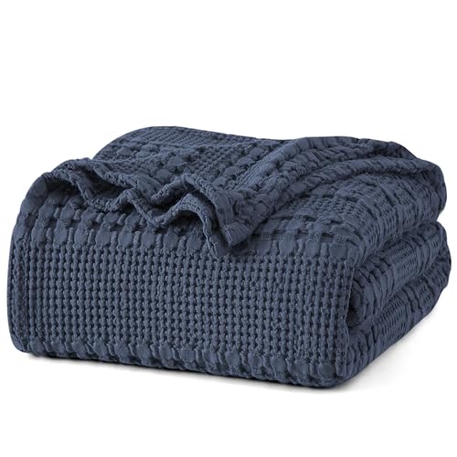"PHF 100% Cotton Waffle Weave Blanket Queen Size for Bed, Soft Lightweight & Breathable, All-Season Comfort, Luxury Aesthetic Christmas Blanket for Home Decor, 90""x90"", Indigo"
