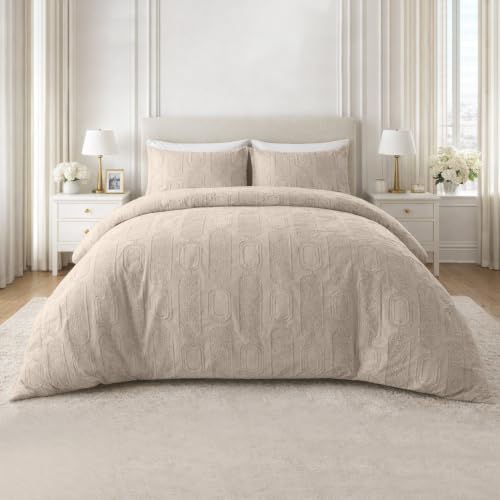 GC GAVENO CAVAILIA Geometric Blocks Double Duvet Set - Reversible Microfiber Bedding Double Bed Set Pillow Cases - Hypoallergenic, Lightweight Quilt Cover Set With Button Closure, Natural