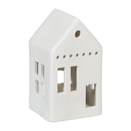Relaxdays Tealight House Ceramic, Light Through Windows, for 1 Candle, HxWxD: 12 x 7 x 6 cm, Table Decoration, White