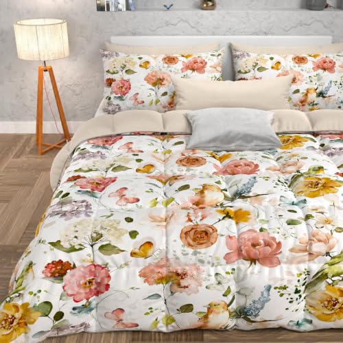 PETTI Artigiani Italiani - Quilt, Winter Duvet, Winter Quilt, Single Double Sided Quilt Solid Colour and Digital Floral Print 06 White, 100% Hypoallergenic Microfibre, Made in Italy