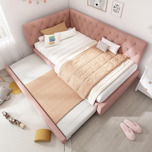 Ball & Cast 3ft girls Single Ottoman Day Bed, Upholstered Pull out Sofabed Trundle Bed Frames, with Slatted Frame, for Adults and Children, Velvet Fabric(No Mattress), Pink/90 * 190CM