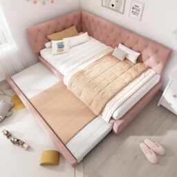 Ball & Cast 3ft girls Single Ottoman Day Bed, Upholstered Pull out Sofabed Trundle Bed Frames, with Slatted Frame, for Adults and Children, Velvet Fabric(No Mattress), Pink/90 * 190CM