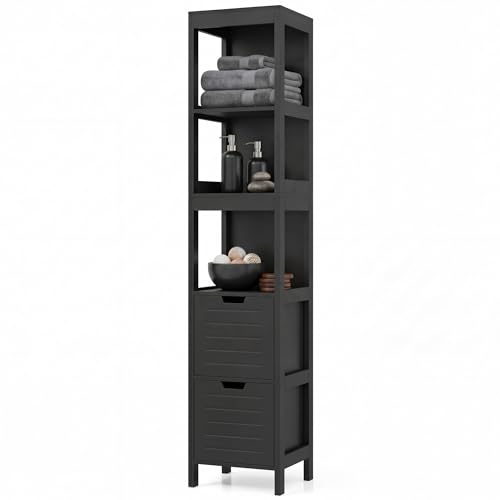 RELAX4LIFE Bathroom Tall Cabinet, Freestanding Storage Cupboard with 3 Open Shelves & 2 Removable Drawers, Slim Narrow Organizer Unit for Bathroom, Living Room, Kitchen (Black)