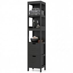 RELAX4LIFE Bathroom Tall Cabinet, Freestanding Storage Cupboard with 3 Open Shelves & 2 Removable Drawers, Slim Narrow Organizer Unit for Bathroom, Living Room, Kitchen (Black)