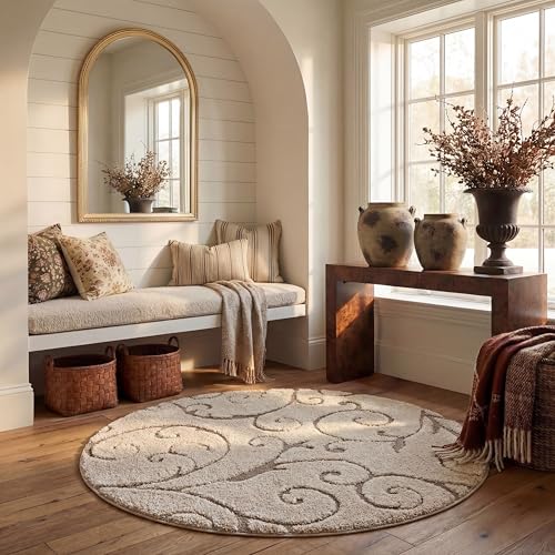 SAFAVIEH Shag Rug for Living Room, Dining Room, Bedroom - Florida Shag Collection, High Pile, in Cream and Beige, 120 X 120 cm