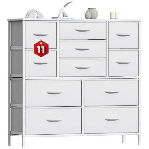 GoaHi Chest of Drawers, Large Dressers with Metal Frame and MDF Wooden Top Board, Adjustable Feet, Anti-Tip Safety, Storage Unit with 11 Drawers for Bedroom, Living Room, Closet, Office White
