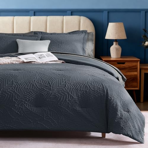 Queen Comforter Set - 7 Pieces Blue Grey Bed in a Bag Queen Bedding Sets - All Season Botanical Textured Comforter Bed set with Sheets, Pillowcases & Shams