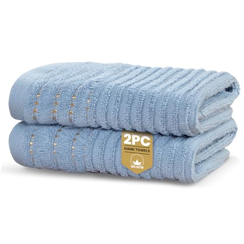 Rapport Home 2-Pack Linear Hand Towels - 50x85cm 100% Cotton 500GSM - Absorbent & Soft Bathroom Towel Set - Oeko-Tex Certified - Sky Blue