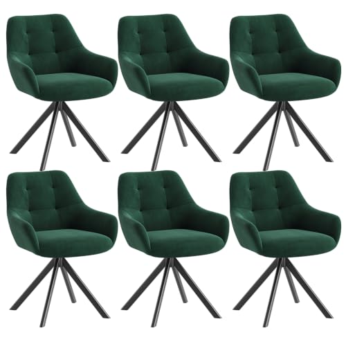 Swivel Dining Chairs Set of 6, 360° Velvet Dining Room Chairs with Arms, Upholstered Kitchen Chairs with Metal Legs, Modern Accent Chairs for Dining Room, Living Room, Bedroom, Home Office, Green