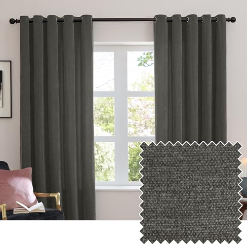 furn. Soft Chenille Blackout Eyelet Curtain Pair – Soft Touch Matt Textured Lined Minimalist Curtains (Charcoal - 168x229cm)