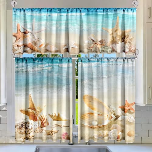 Breling 3 Pcs Beach Kitchen Curtains Valances and Tiers Set for Windows Coastal Starfish Shell Decor Short Curtain Set for Bedroom Summer Seaside Tropical Window Treatment Decor Party Favor Supplies