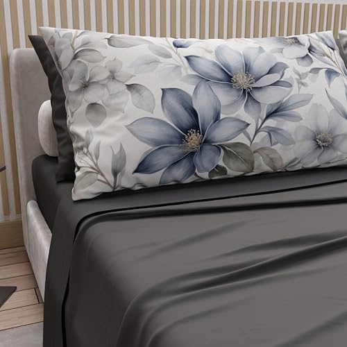 PETTI Artigiani Italiani - Double Bed Sheets Cotton with Pillowcases in Digital Print, Double Bed Sheet, Floral Pattern 9 Dark Grey, 100% Made in Italy