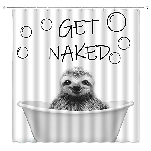 Sunhe Sloth Shower Curtain Black and White Sloth Portrait Funny Quote Get Naked Funny Animal in Bathtub Sketch Pattern Cute Art Print Fabric Bathroom Decor Curtain with Hooks