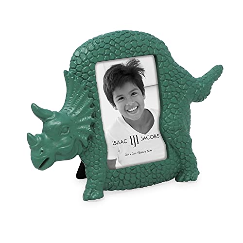 Isaac Jacobs 2” x 3” Resin Dinosaur Picture Frame, Vertical Keepsake Photo Frame with Easel and Hanging Tabs for Tabletop, Desktop & Wall Display (Triceratops, Green)