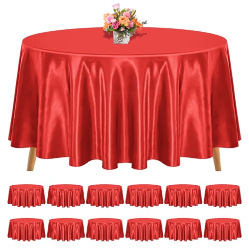REWOMC 12 Pack 120 Inch Round Satin Tablecloth, Red - Bright Silk Tablecloth, Smooth Washable Fabric Table Covers, Overlay Silky Decoration Wedding Party Banquet Birthday