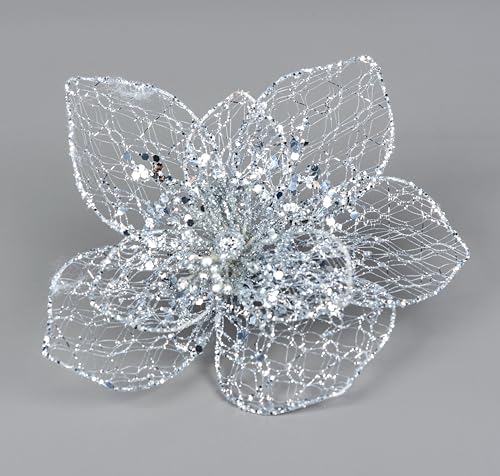 SHATCHI 20cm Deluxe Christmas Glitter Poinsettia Silver Net Artificial Flower with Metal Clip Christmas Tree Decorations Wedding New Year Ornaments