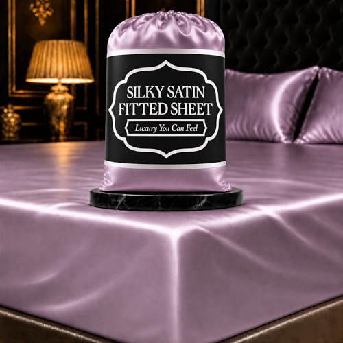 DECOLURE Satin Fitted Sheet Queen Size (1 PC) ??? Luxuriously Smooth & Softer Than Silk Bed Sheets w/ 15 Inch Deep Pocket Hypoallergenic Wrinkle Free, Secure Snug Fit, Elastic Corner Straps (Lavender)
