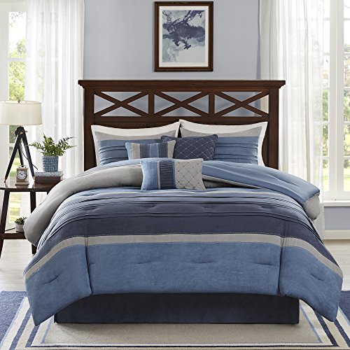 "Madison Park All Season, Matching Bed Skirt, Decorative Pillows, Polyester, Collins Blue/Grey, Queen(90""x90"")"