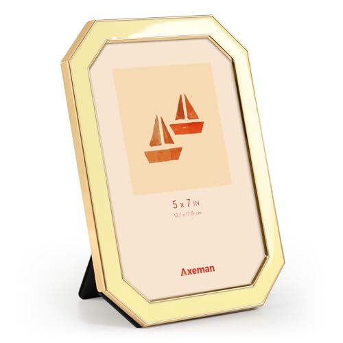 Axeman 5x7 Enamel Picture Frames with Tempered Glass-5 x 7 Modern Octagon Photo Frame with Gold Metal Edge Velvet Back for Tabletop and Wall Mount Display for Shelf & Desk, Yellow