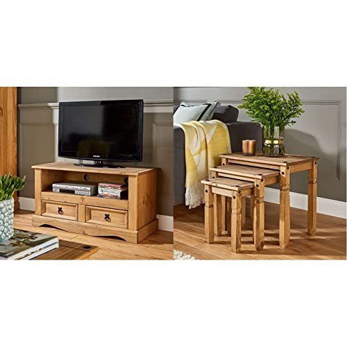 Home Source TV Stand Entertainment Unit Solid Pine 2 Drawer Corona Television Cabinet Nest of Tables Solid Pine Corona Mexican Pine Table Set of 3