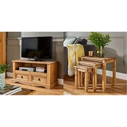 Home Source TV Stand Entertainment Unit Solid Pine 2 Drawer Corona Television Cabinet Nest of Tables Solid Pine Corona Mexican Pine Table Set of 3