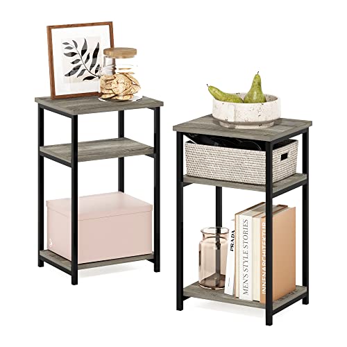 Furinno JUST Side Table Set of 2, 3-Tier Modern Metal Frame End Table with Open Shelf, Night Stand, Bedside Table, Easy Assembly,for Living Room, Bedroom, Grey Oak