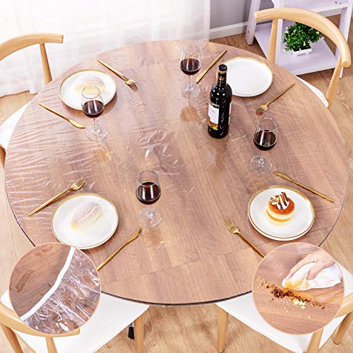 "UMINEUX Round Fitted Vinyl Tablecloth with Elastic Edged, Waterproof Wipeable Round Table Cover for Indoor Outdoor Patio Use - Fits Tables up to 45"" - 56"" Diameter(Clear)"
