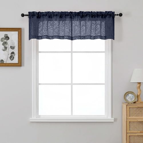OVZME Navy Blue Valances for Windows 14 Inch Length 2 Panels, Dual Rod Pocket Light Filtering Valances for Kitchen, Soft Airy Short Sheer Curtains with Leaf Jacquard Clip Design, 2x42Wx14L Inches