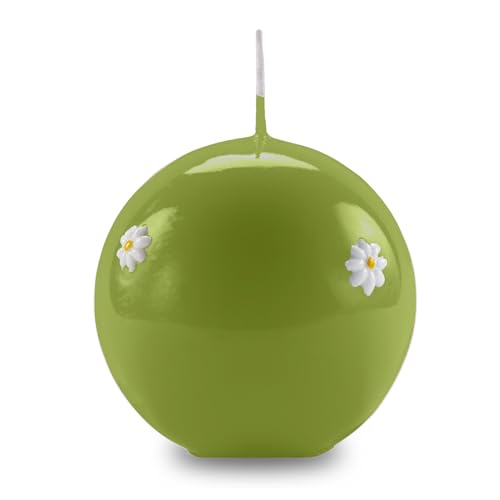 Cereria Di Giorgio - Sphere Candle Decorated with Daisies - Pistachio Colour - Diameter 10 cm - Duration 49 Hours - with Gift Bag - Spring Collection - Artisan