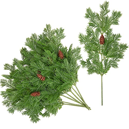 "Watayo 8 Pcs Large Artificial Pine Needles Branches- 16"" x 7"" Christmas Fake Greenery Pine Picks with Pinecone- Faux Pine Leaves Sprigs for Christmas Garland Wreath & Home Garden Decoration"